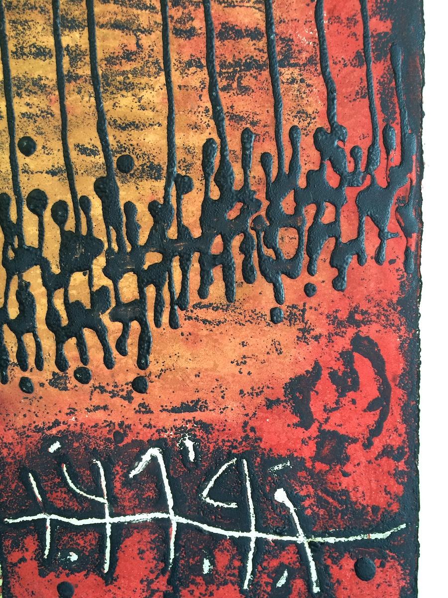ETERNAL CITY Original Etching, Medieval Jerusalem, Stone Tablet, Jewish History - Pink Abstract Print by Moshe Castel