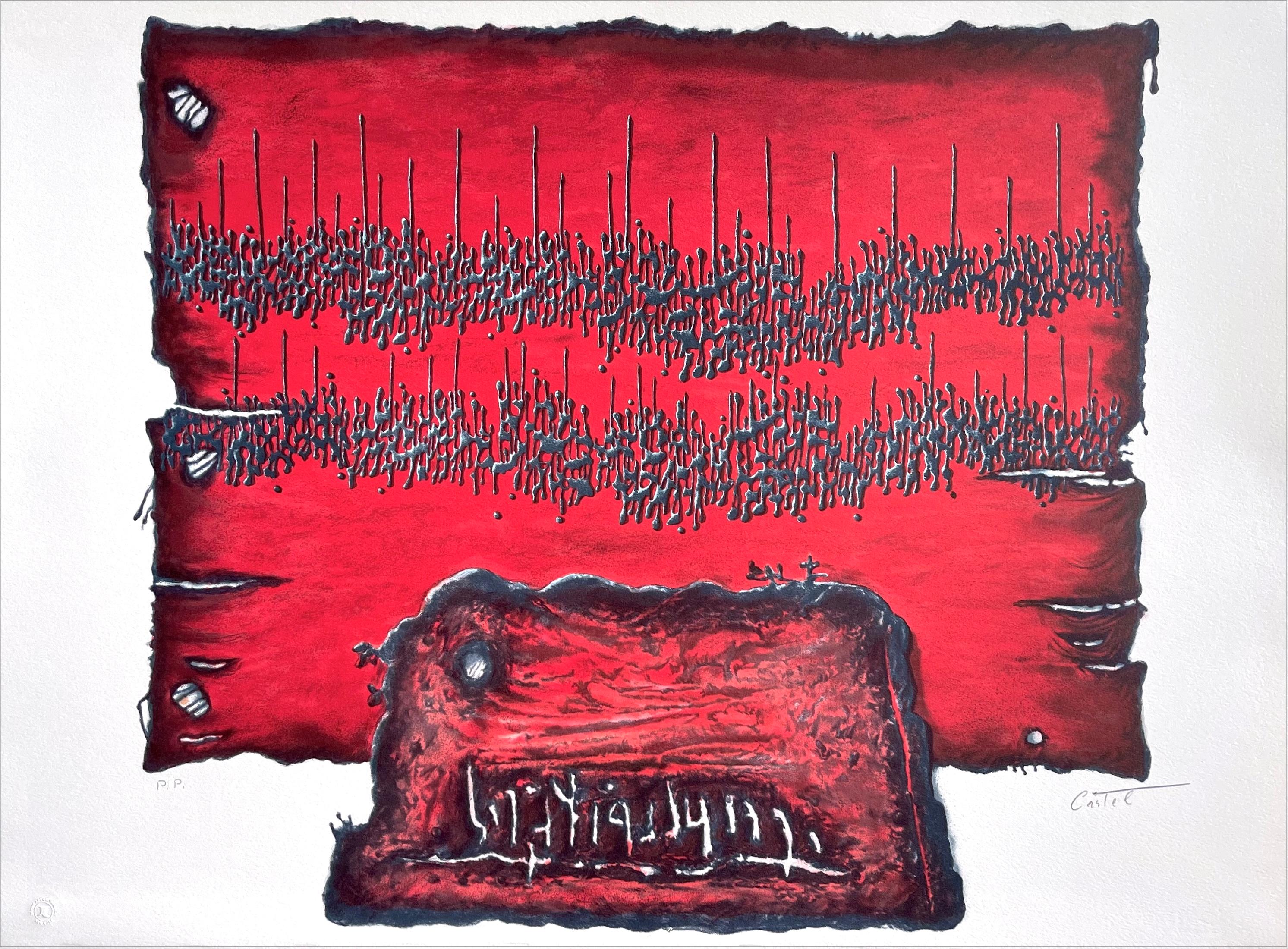 Lithographie signée HALLELUJAH TO PEACE, tablette en pierre, écriture ancienne abstraite