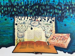 PRAYER, Signed Lithograph, Holy Books, Jewish Art, Blue Green, Black
