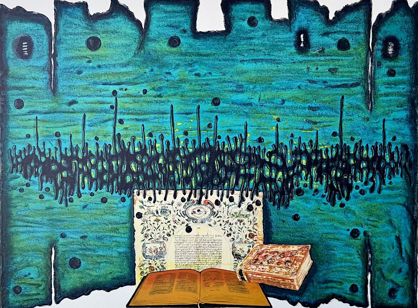 ORACIÓN Litografía firmada, Libros Sagrados, Turquesa, Oro Amarillo, Negro, Arte Judío - Print de Moshe Castel