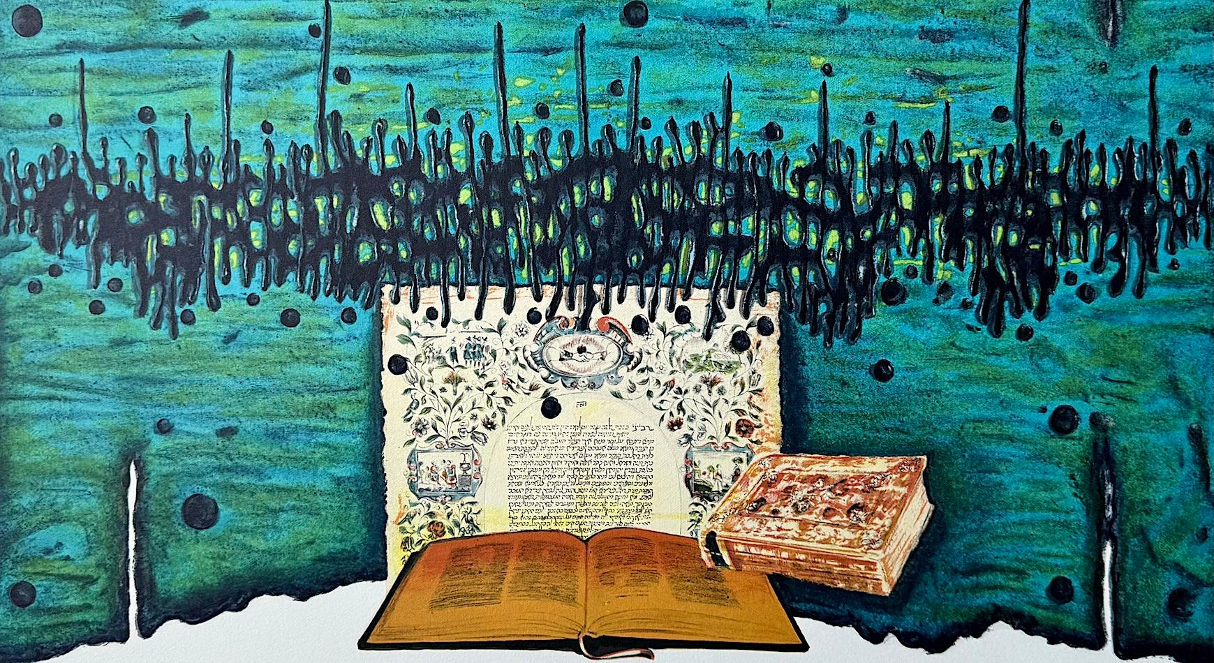 ORACIÓN Litografía firmada, Libros Sagrados, Turquesa, Oro Amarillo, Negro, Arte Judío - Print Contemporáneo de Moshe Castel