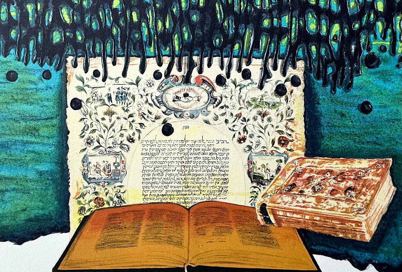 ORACIÓN Litografía firmada, Libros Sagrados, Turquesa, Oro Amarillo, Negro, Arte Judío - Abstract Print Azul de Moshe Castel