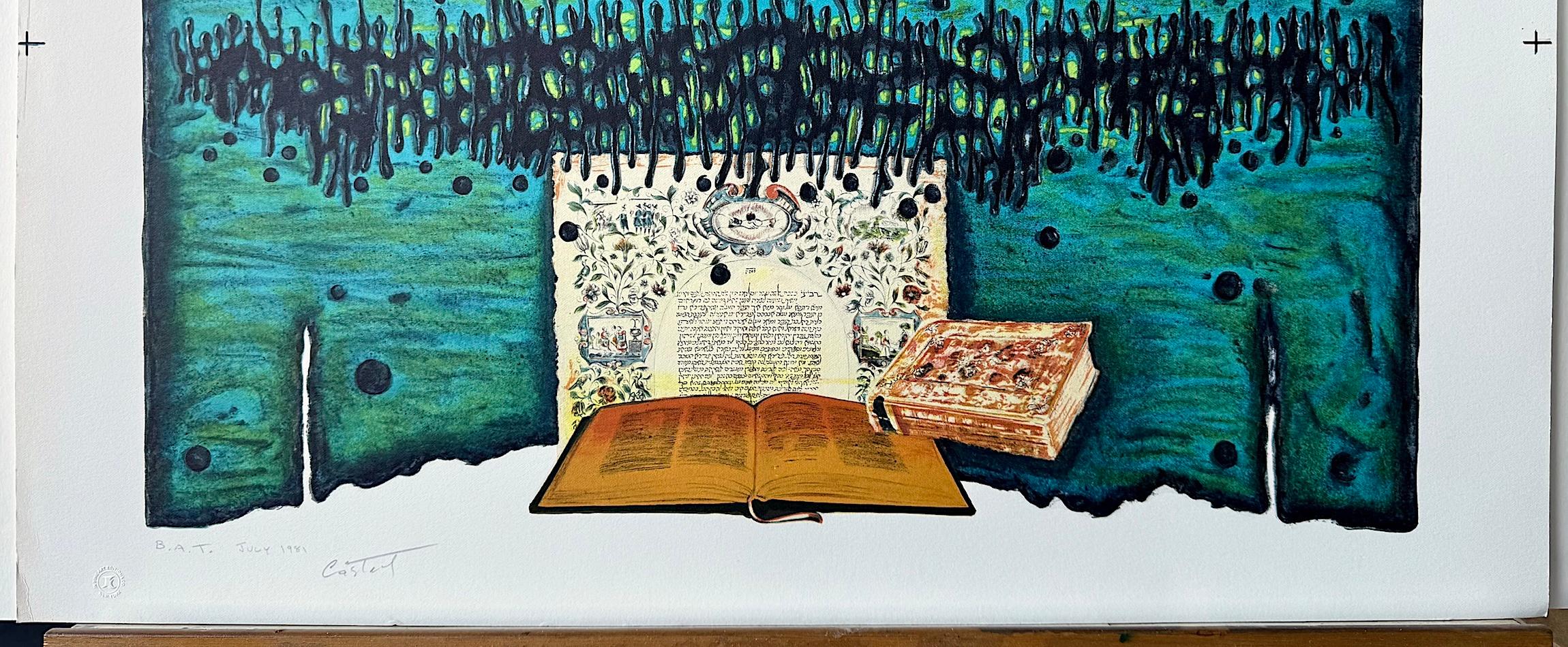 ORACIÓN Litografía firmada, Libros Sagrados, Turquesa, Oro Amarillo, Negro, Arte Judío en venta 2