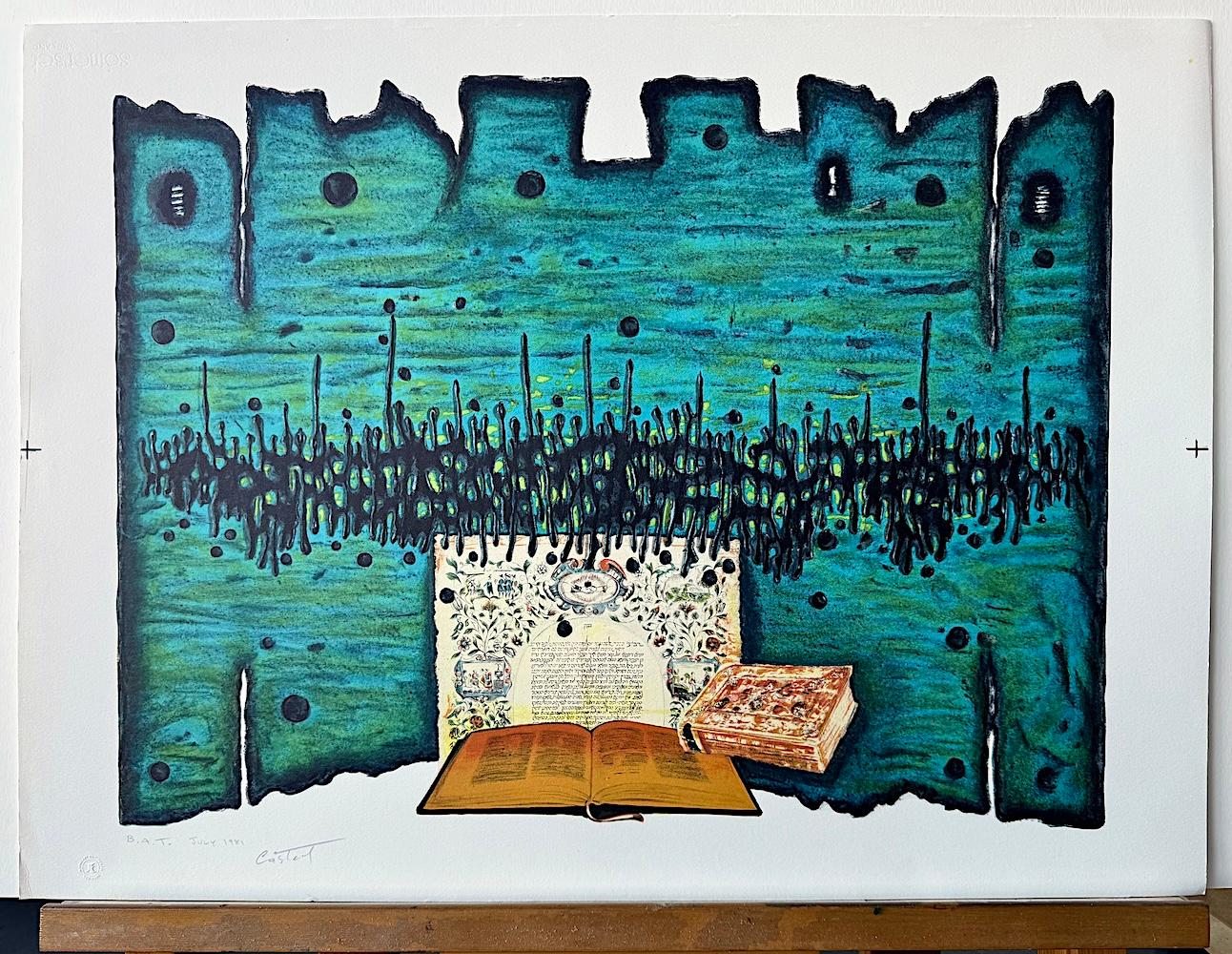 ORACIÓN Litografía firmada, Libros Sagrados, Turquesa, Oro Amarillo, Negro, Arte Judío en venta 3
