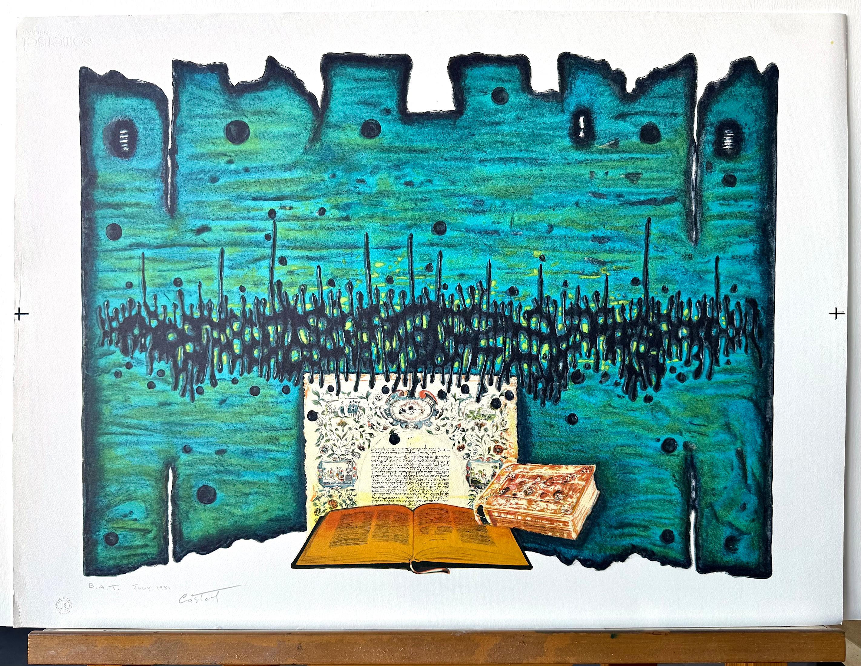 PRAYER Lithographie signée, Livres Saints, Turquoise, Jaune d'or, Noir, Art Juif en vente 4