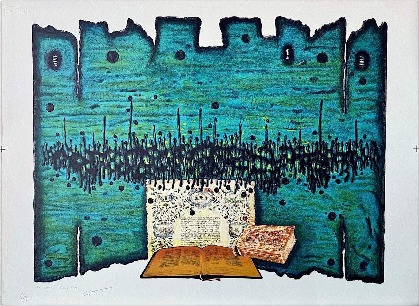 ORACIÓN Litografía firmada, Libros Sagrados, Turquesa, Oro Amarillo, Negro, Arte Judío