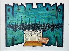 PRAYER Signed Lithograph, Holy Books, Turquoise, Gold Yellow, Black, Jewish Art
