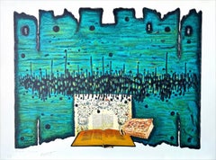 PRAYER Signed Lithograph, Holy Books, Turquoise, Gold Yellow, Black, Jewish Art
