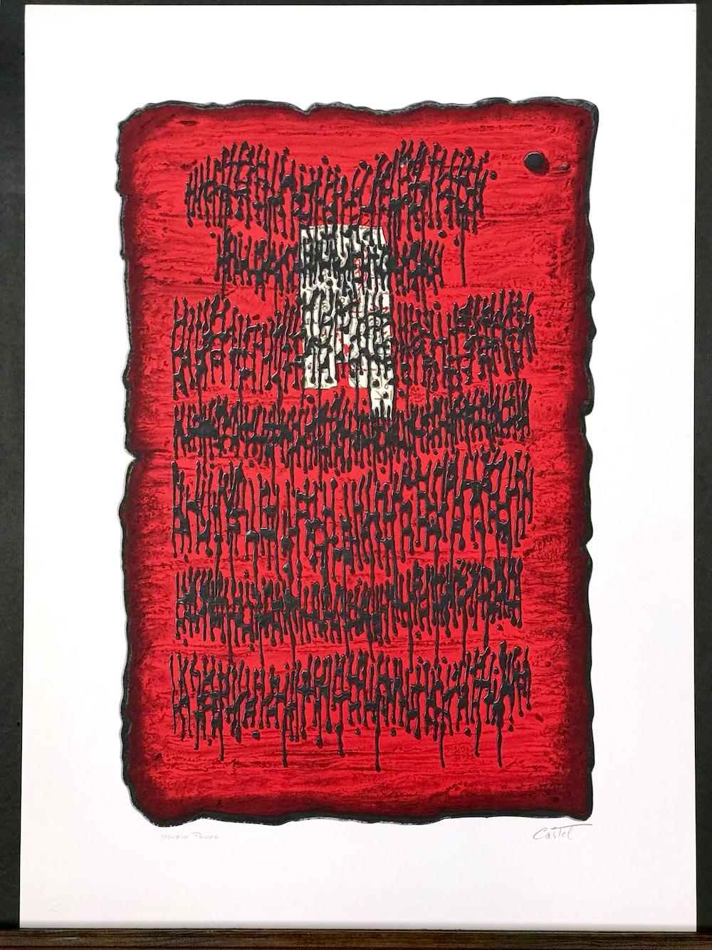 PROPHESY Signed Lithograph, Red Black Abstract, Ancient Hebrew, Stone Tablet - Print by Moshe Castel
