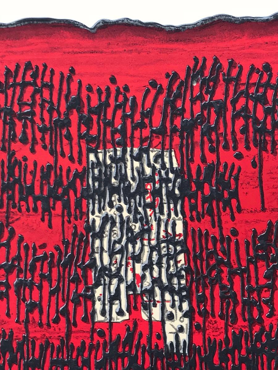 PROPHESY Signierte Lithographie, Rot Schwarz Abstrakt, Antik Hebräisch, Steintisch (Zeitgenössisch), Print, von Moshe Castel