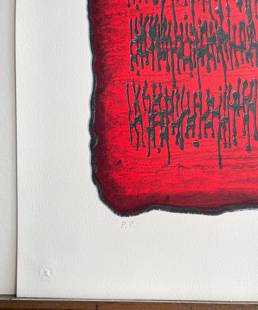Lithographie signée PROPHESY, rouge noir abstrait, hébreu ancien, tablette de pierre - Gris Print par Moshe Castel