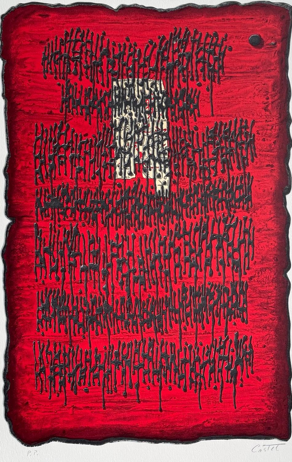 Lithographie signée PROPHESY, rouge noir abstrait, hébreu ancien, tablette de pierre - Print de Moshe Castel