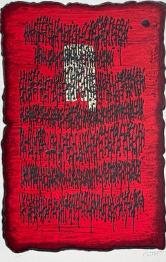 PROPHESY Signed Lithograph, Red Black Abstract, Ancient Hebrew, Stone Tablet