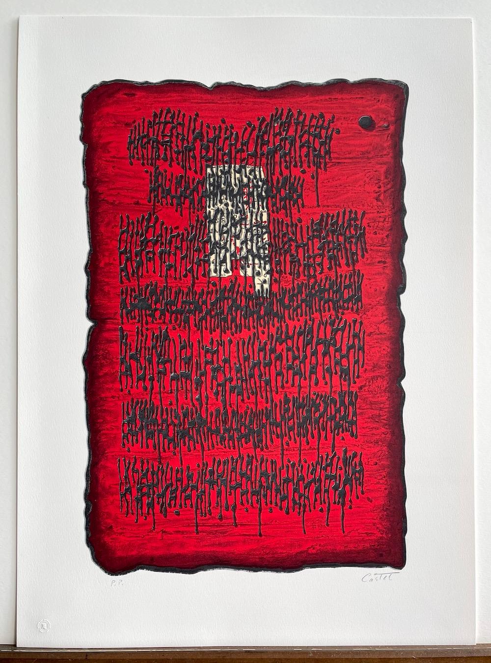 Lithographie signée PROPHESY, rouge noir abstrait, hébreu ancien, tablette de pierre en vente 1