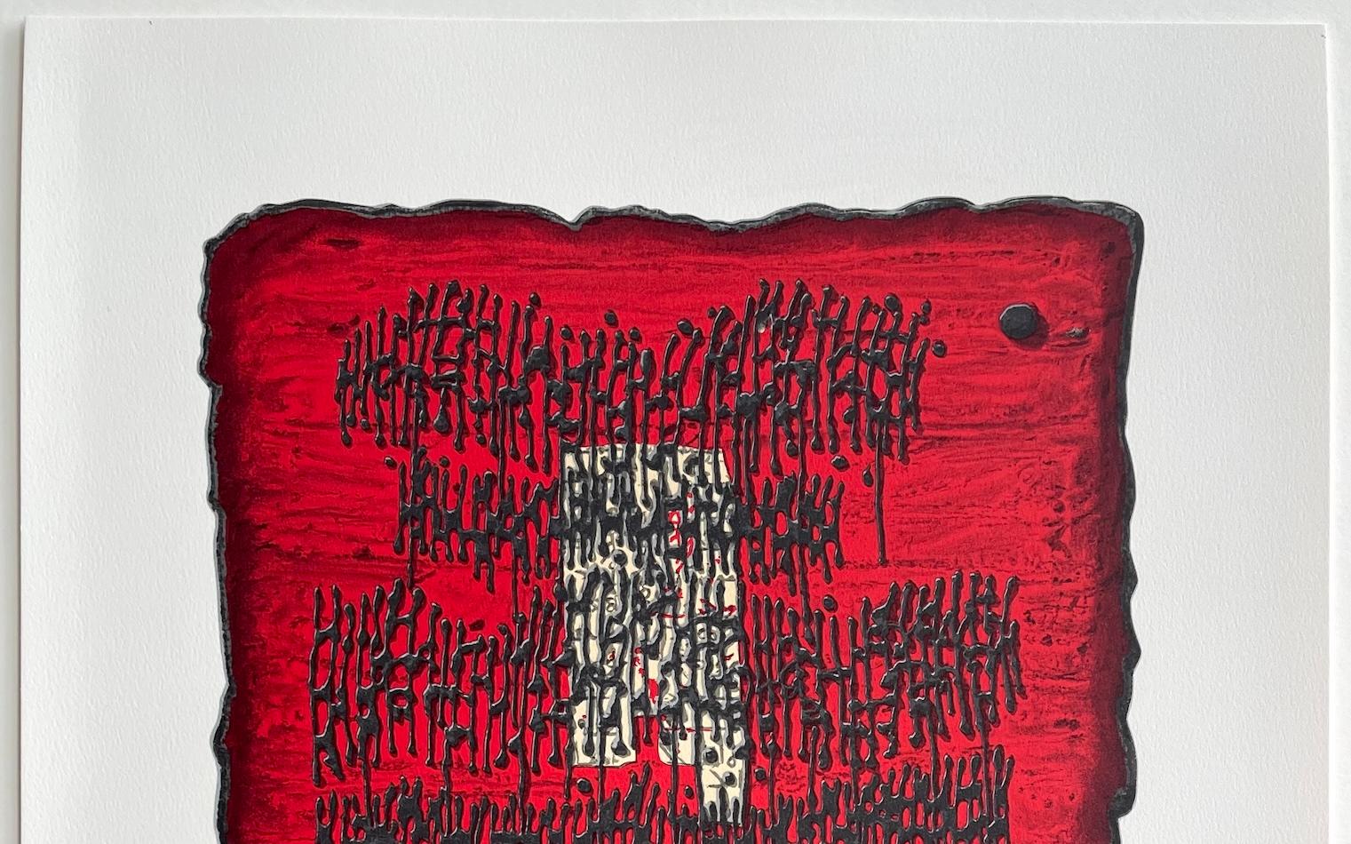 Lithographie signée PROPHESY, rouge noir abstrait, hébreu ancien, tablette de pierre en vente 2