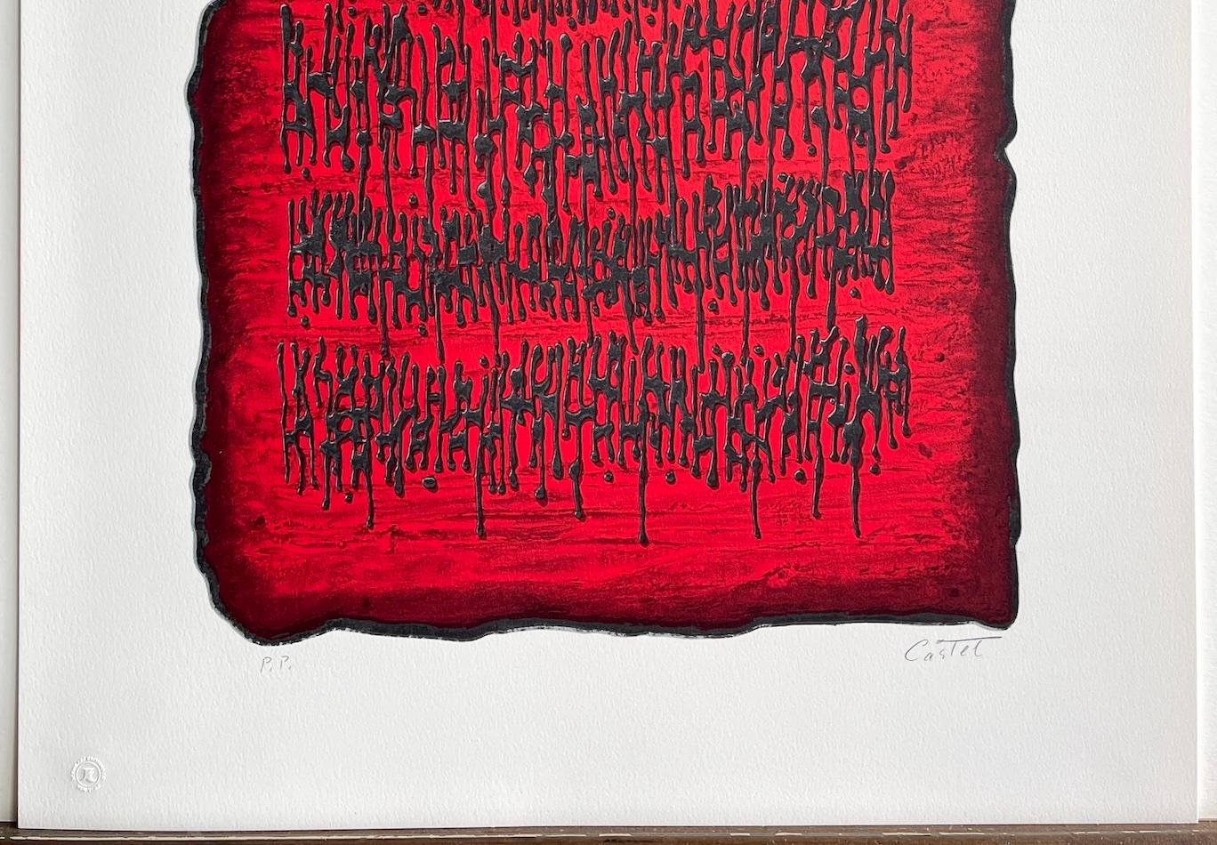 Lithographie signée PROPHESY, rouge noir abstrait, hébreu ancien, tablette de pierre en vente 3