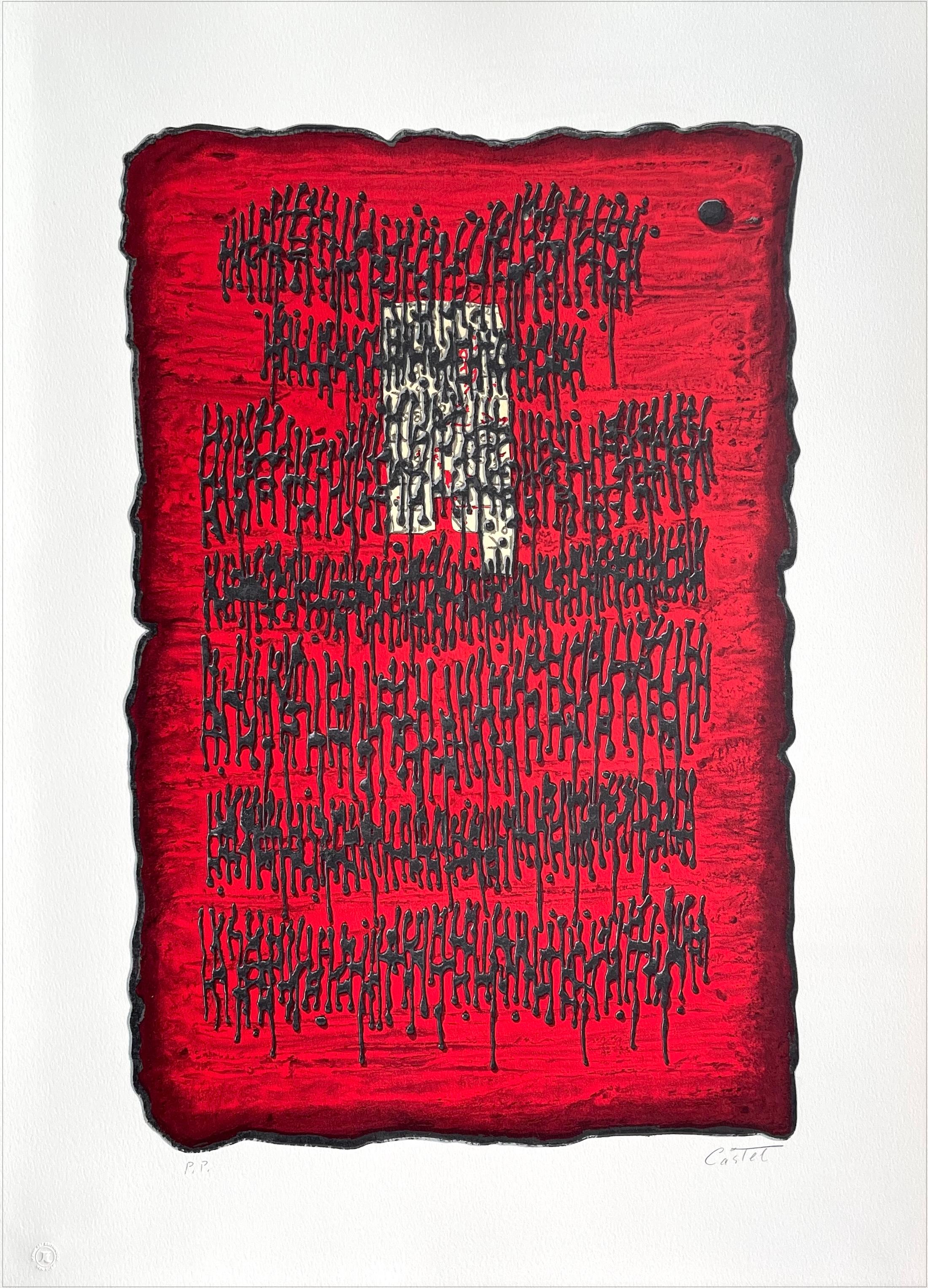 Lithographie signée PROPHESY, rouge noir abstrait, hébreu ancien, tablette de pierre
