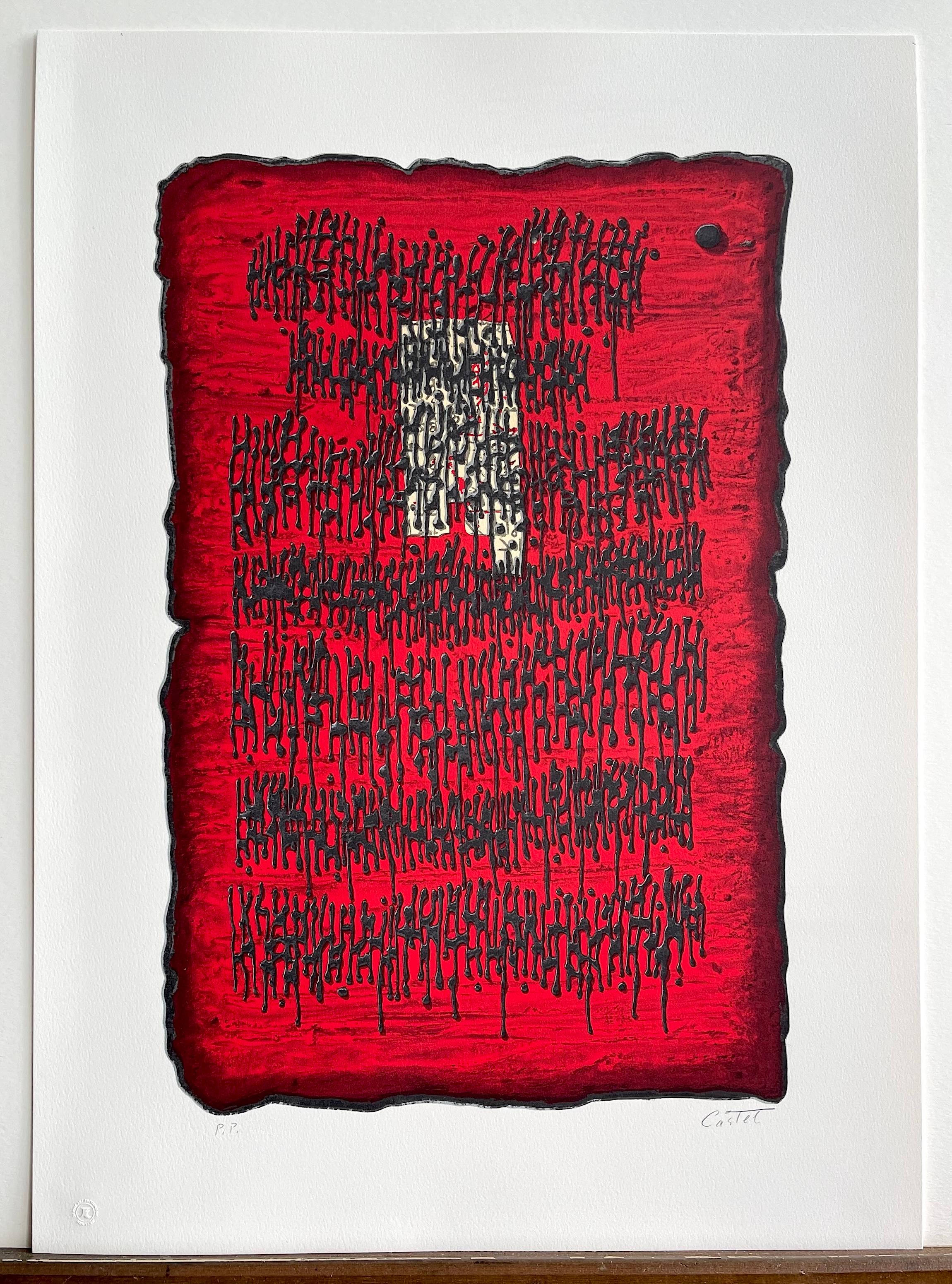 PROPHESY Signed Lithograph, Red Black Abstract, Ancient Hebrew, Stone Tablet For Sale 4