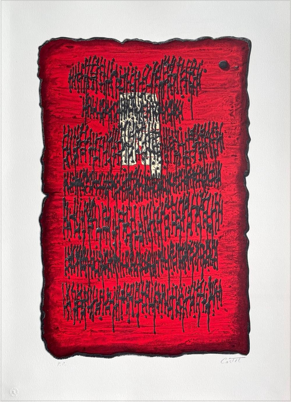 PROPHESY Litografia firmata, Rosso Nero Astratto, Ebraico Antico, Tavola di Pietra
