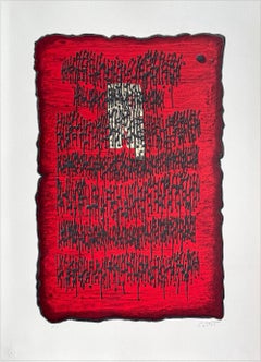 PROPHESY Signed Lithograph, Red Black Abstract, Ancient Hebrew, Stone Tablet