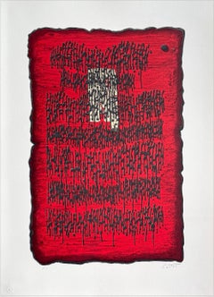 PROPHESY Litografia firmata, Rosso Nero Astratto, Ebraico Antico, Tavola di Pietra