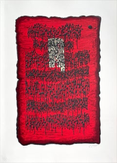 PROPHESY Signed Lithograph, Red Black Abstract, Ancient Hebrew, Stone Tablet