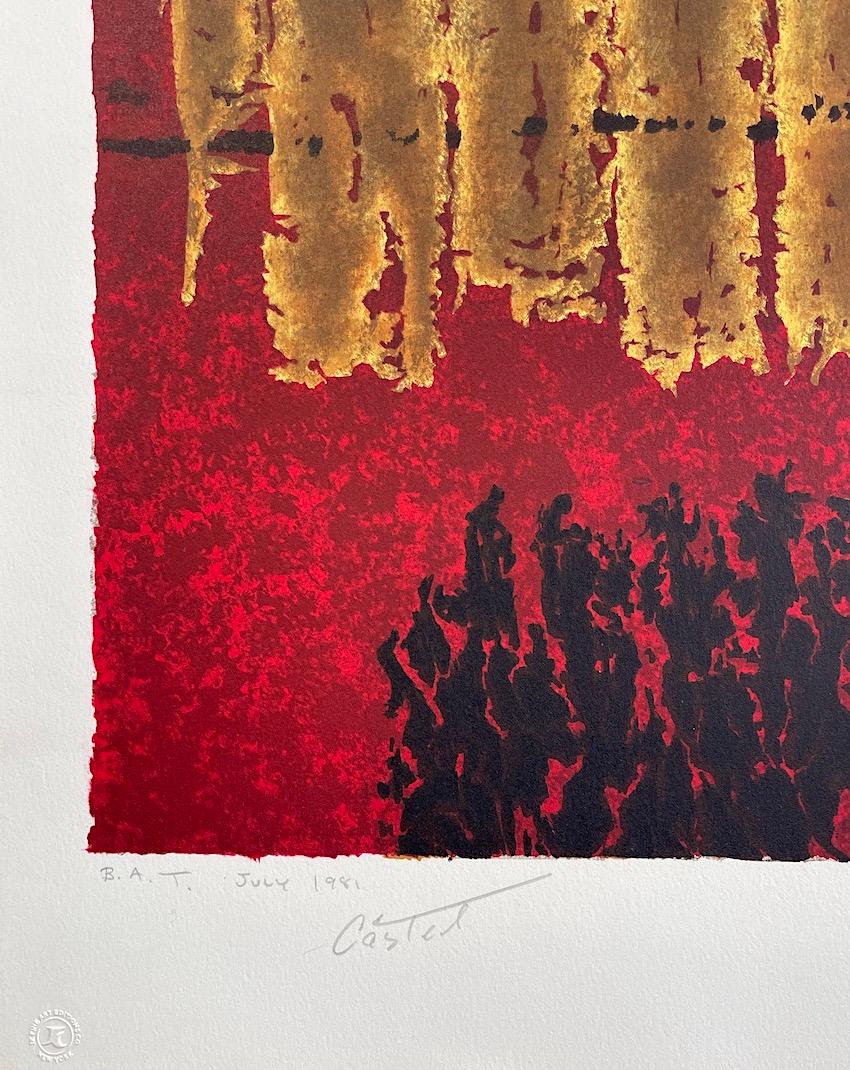 SCROLLS des israelischen Künstlers Moshe Castel (1909-1991) ist eine Lithographie in limitierter Auflage, gedruckt in traditioneller Handlithographie-Technik auf 100% säurefreiem Somerset-Papier. SCROLLS ist eine dramatische abstrakte Collage, deren