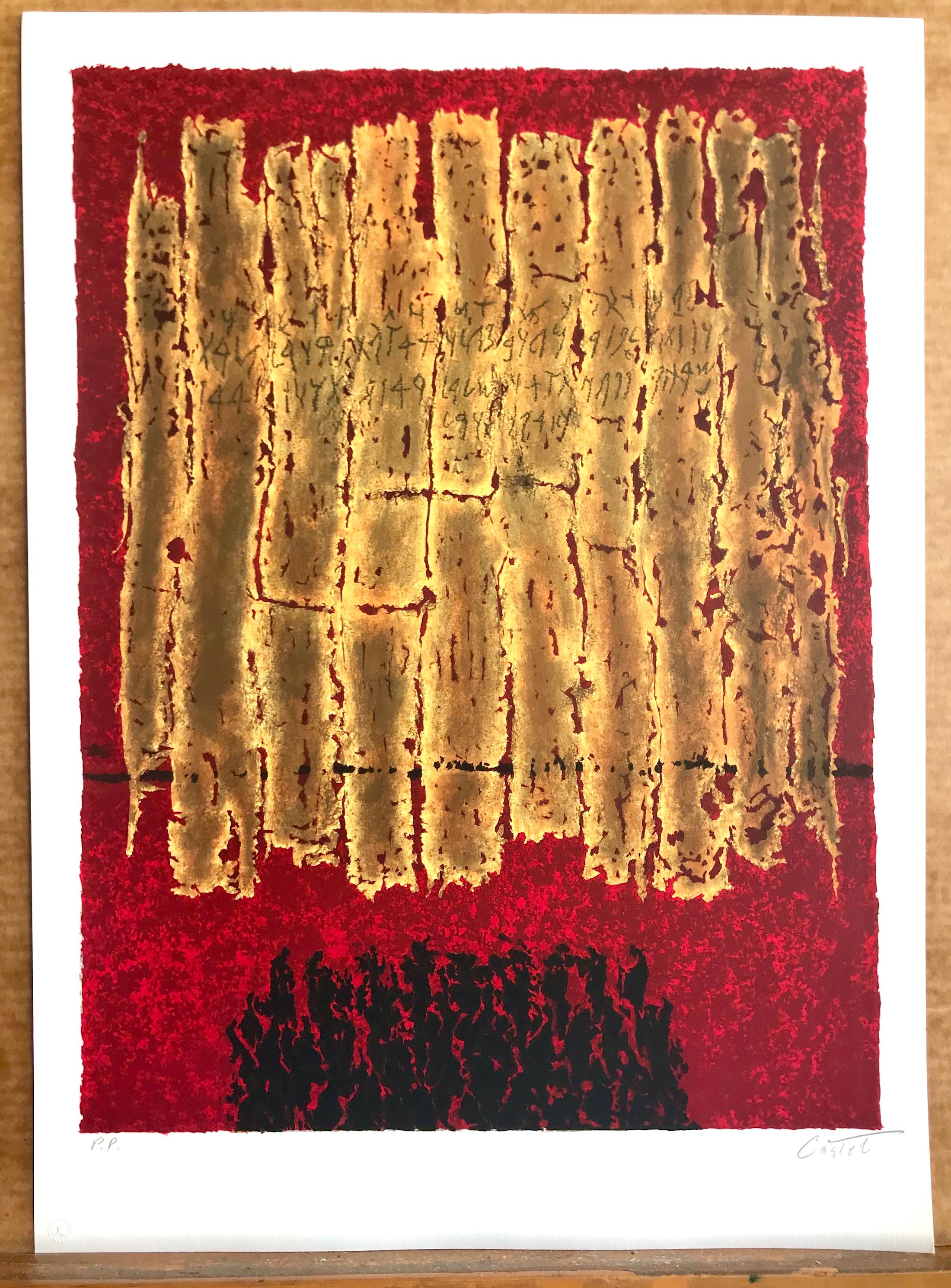 SCROLLS Signed Lithograph, Jewish History, Dead Sea Scrolls, Red, Gold, Black For Sale 4