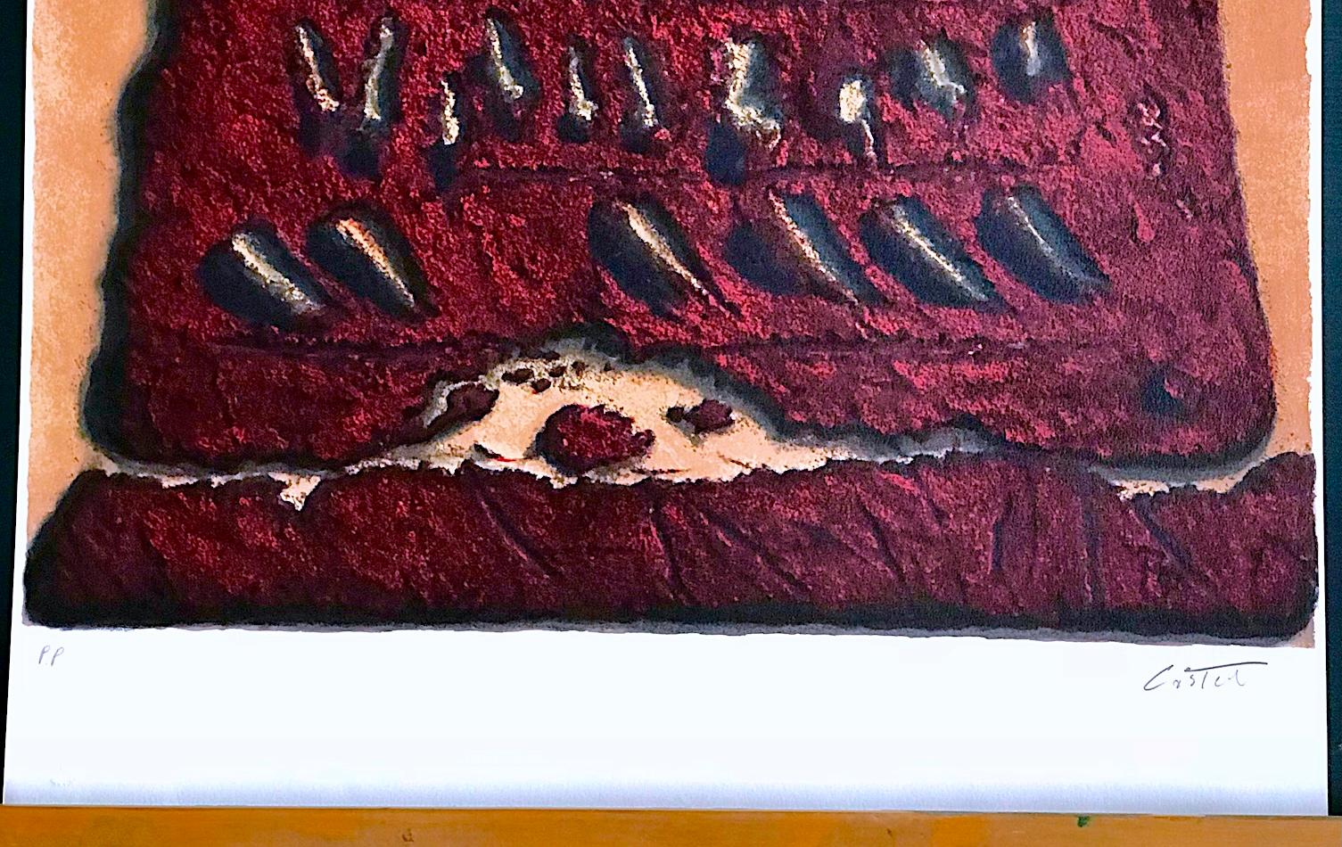 SCRITTURE SEGRETE Litografia firmata, scrittura antica, tavoletta di pietra rossa in vendita 3