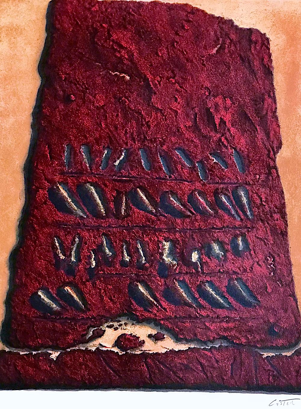 SCRITTURE SEGRETE Litografia firmata, scrittura antica, tavoletta di pietra rossa in vendita 4