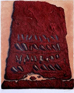 ESCRITOS SECRETOS Litografía firmada, escritura antigua, tabla de piedra roja