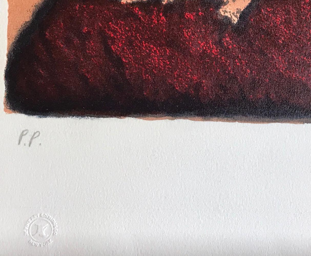 SCRITTURE SEGRETE Litografia firmata, scrittura antica, tavoletta di pietra rossa - Abstract Print Marrone di Moshe Castel