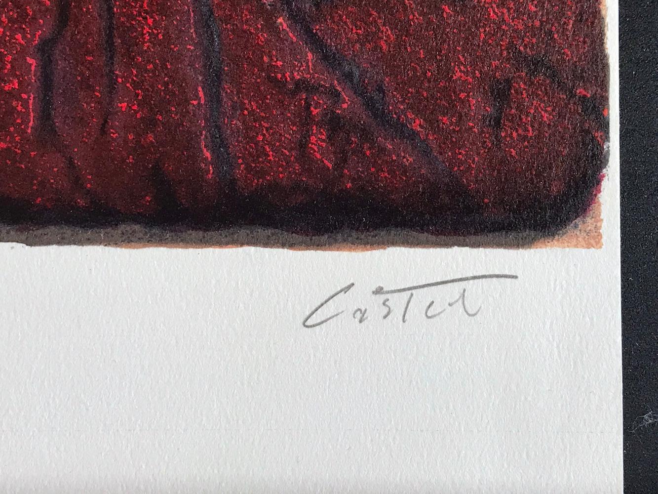 Lithographie secrète signée, écriture ancienne, tablette en pierre rouge - Marron Abstract Print par Moshe Castel