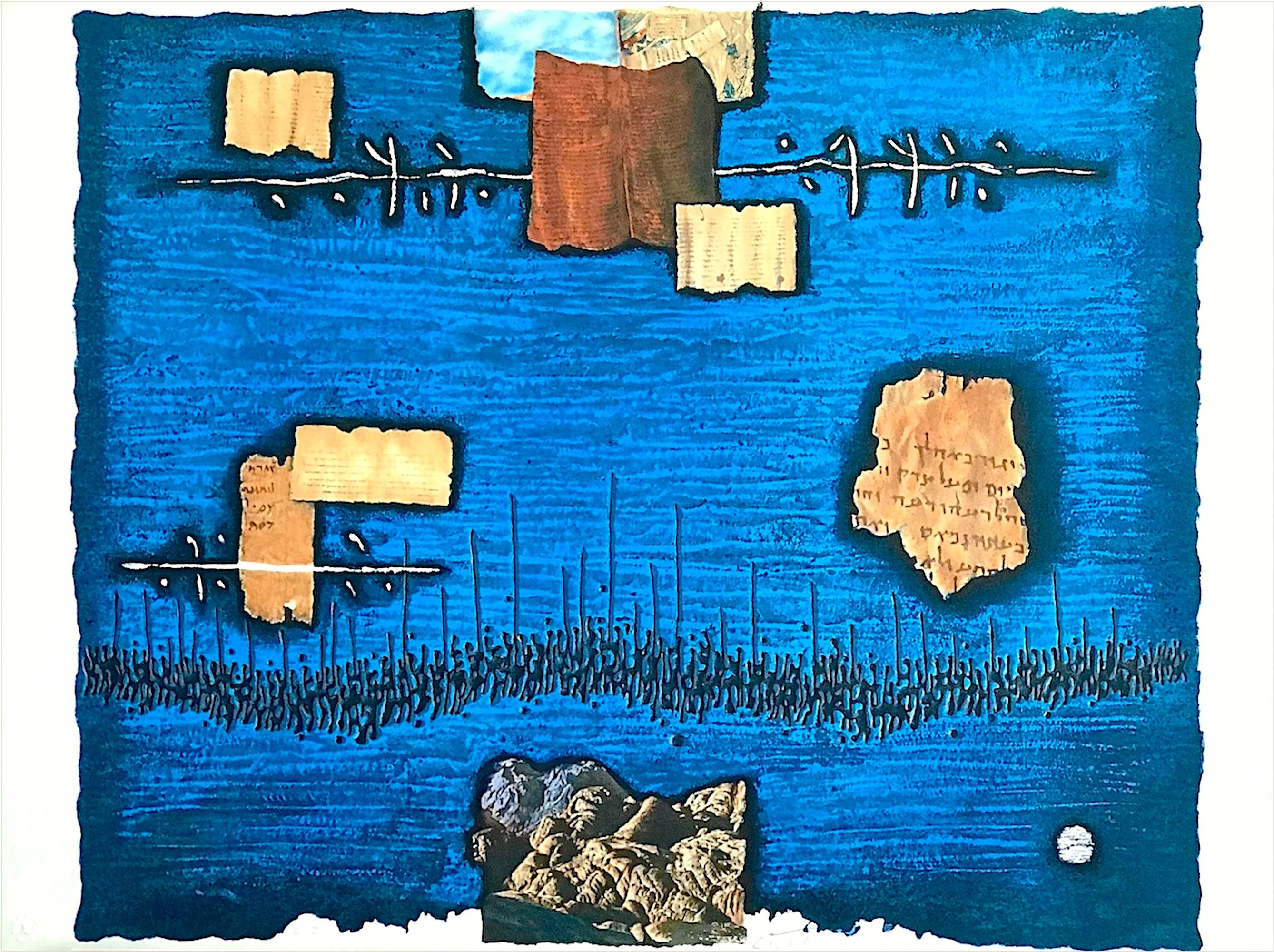 Lithographie signée, tablette en pierre, ancien hébreu, collines juives