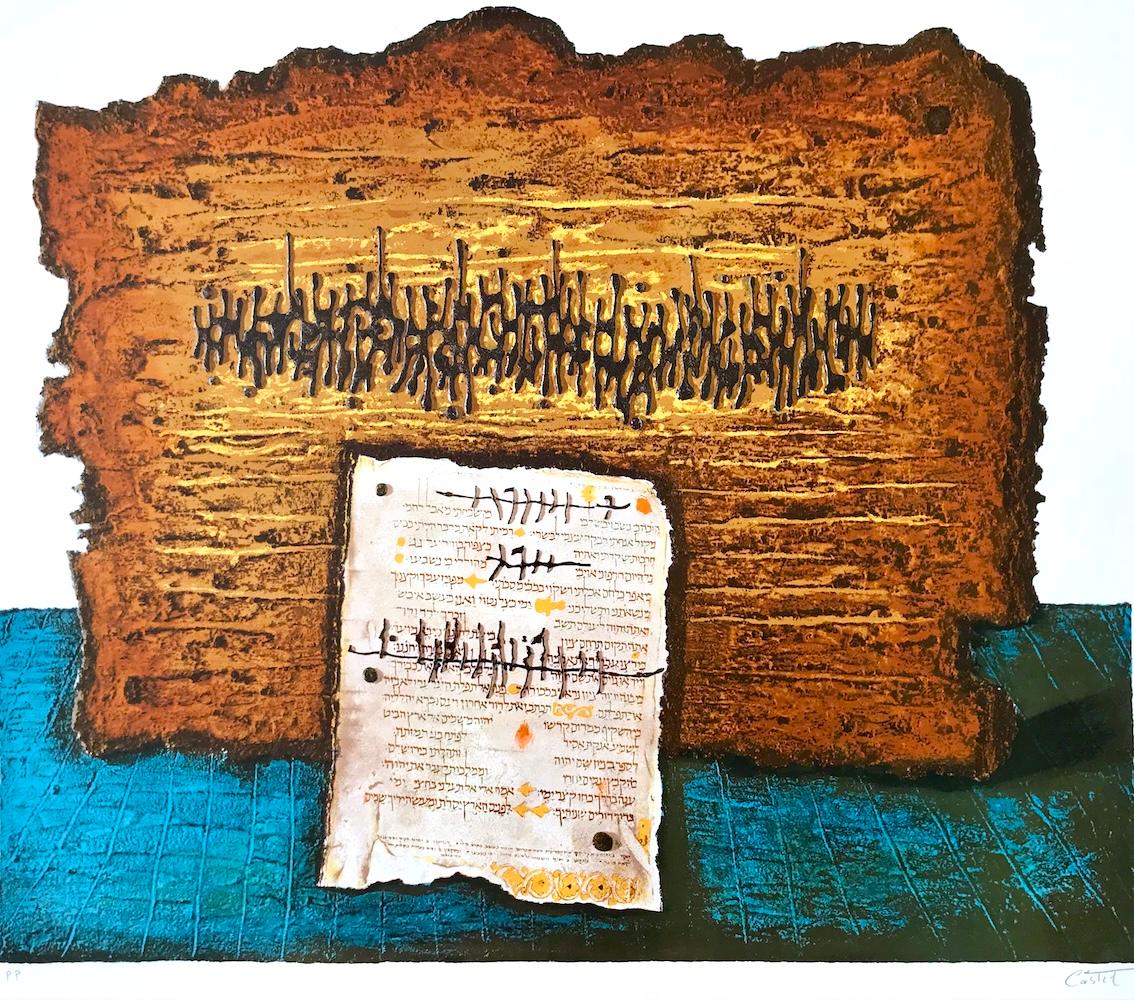 PIEDRA Y ESCRITURA Litografía firmada, Tabla amarilla dorada Hebreo antiguo, Judaica - Print de Moshe Castel