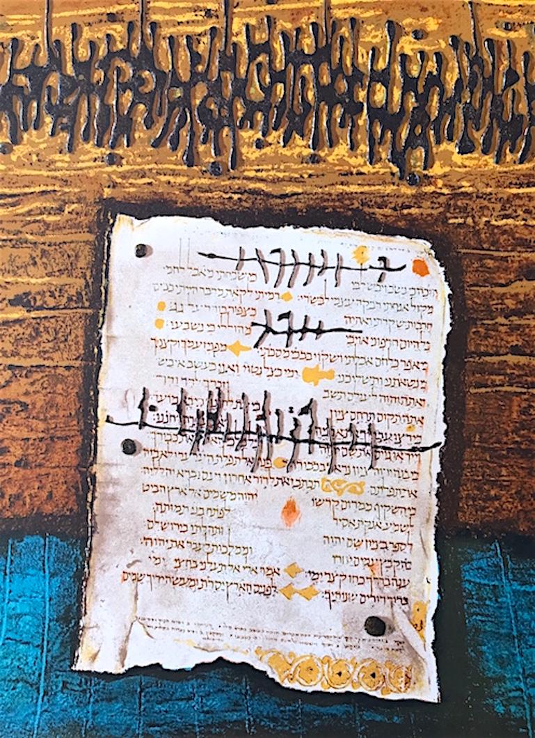 STONE UND SCRIPT Signierte Lithographie, goldgelbe Tablett, altheberisch, Judaica – Print von Moshe Castel