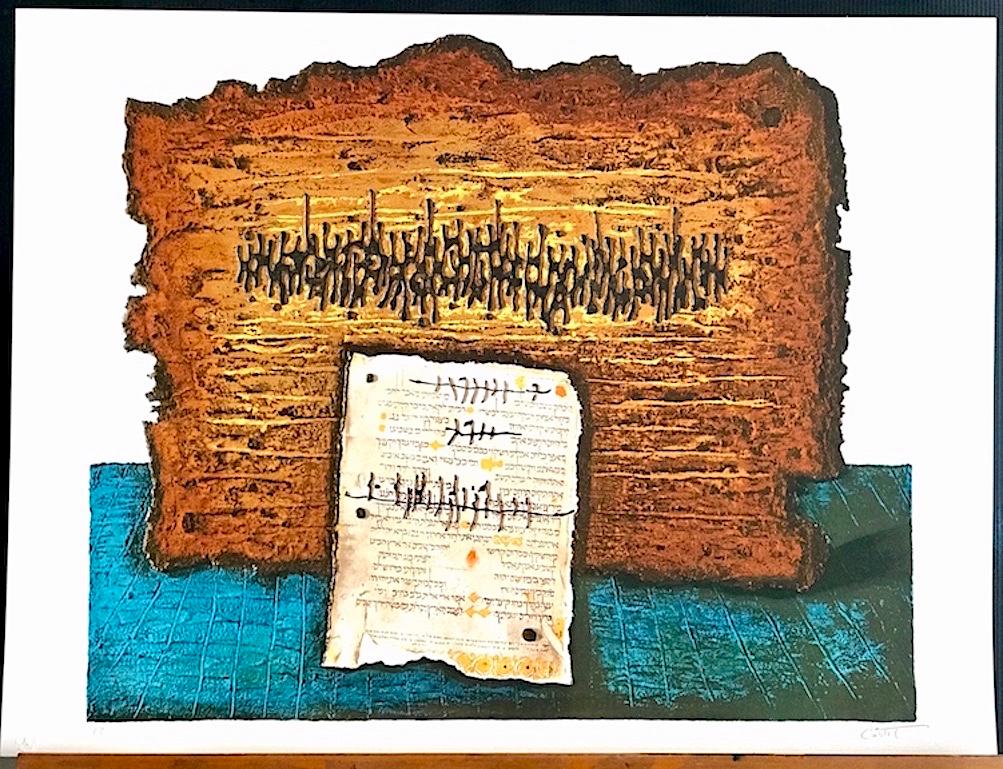 PIEDRA Y ESCRITURA Litografía firmada, Tabla amarilla dorada Hebreo antiguo, Judaica en venta 3