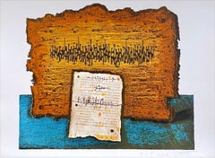 STONE AND SCRIPT Signed Lithograph, Golden Yellow Tablet Ancient Hebrew, Judaica