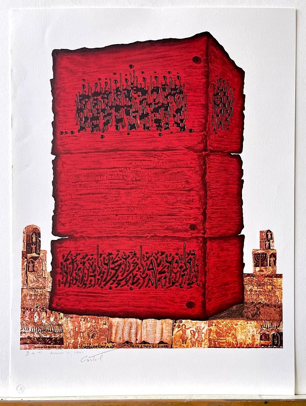 PIETRA DEL TEMPIO Litografia firmata, Antica storia ebraica, rosso, oro, nero in vendita 5