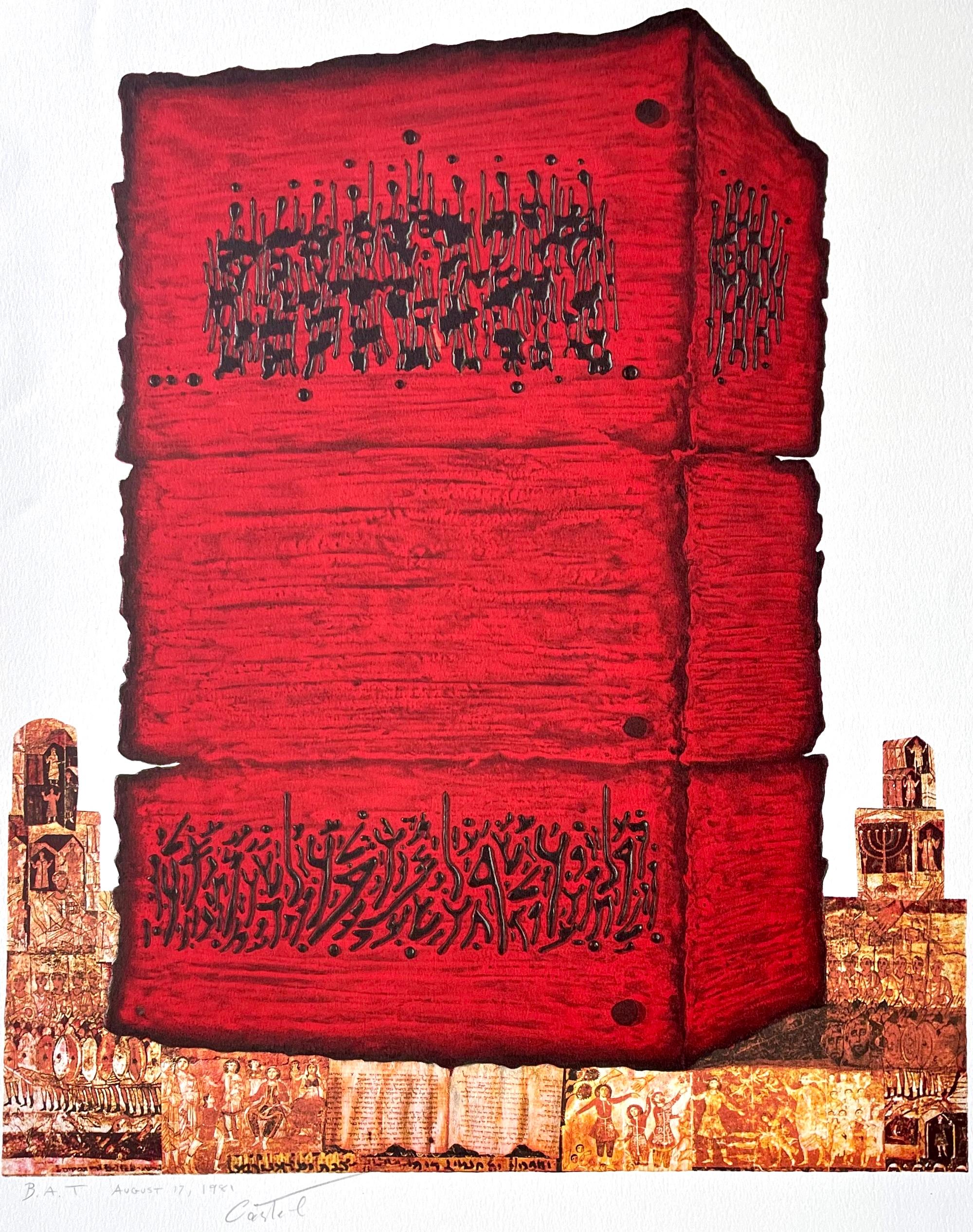 STONE OF THE TEMPLE Signed Lithograph, Ancient Jewish History, Red, Gold, Black - Print by Moshe Castel