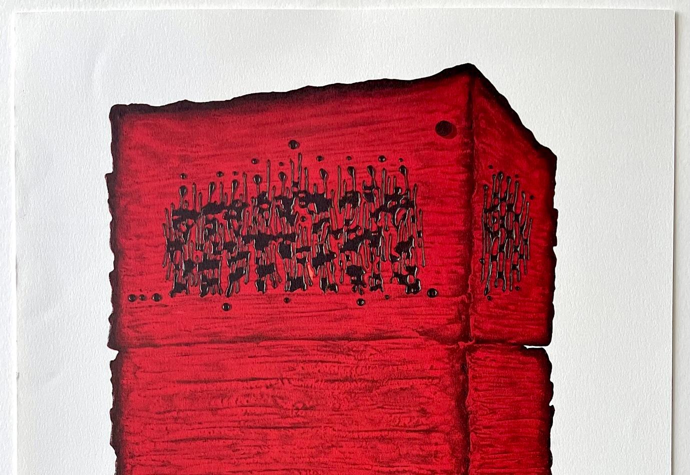 PIETRA DEL TEMPIO Litografia firmata, Antica storia ebraica, rosso, oro, nero - Abstract Print Rosso di Moshe Castel