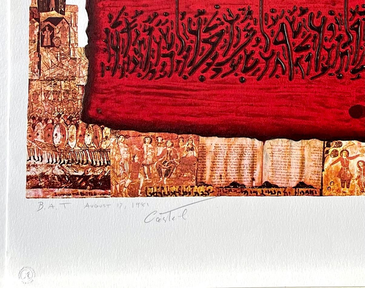 PIETRA DEL TEMPIO Litografia firmata, Antica storia ebraica, rosso, oro, nero in vendita 1