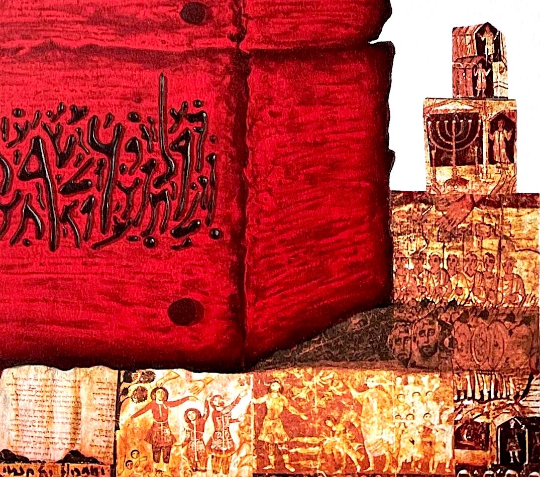 PIETRA DEL TEMPIO Litografia firmata, Antica storia ebraica, rosso, oro, nero in vendita 4