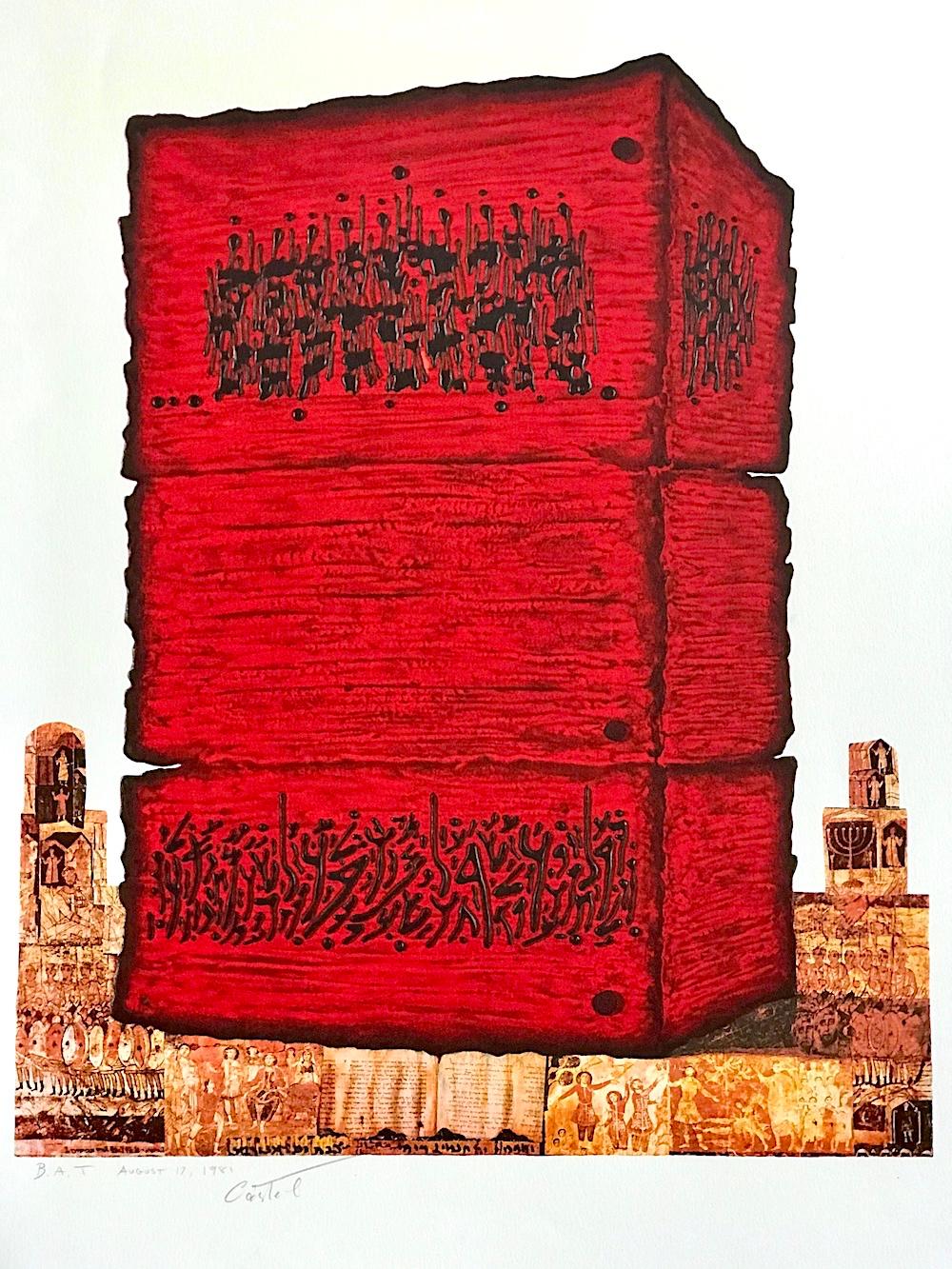 Moshe Castel Abstract Print - STONE OF THE TEMPLE Signed Lithograph, Ancient Jewish History, Red, Gold, Black