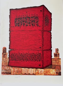 PIETRA DEL TEMPIO Litografia firmata, Antica storia ebraica, rosso, oro, nero