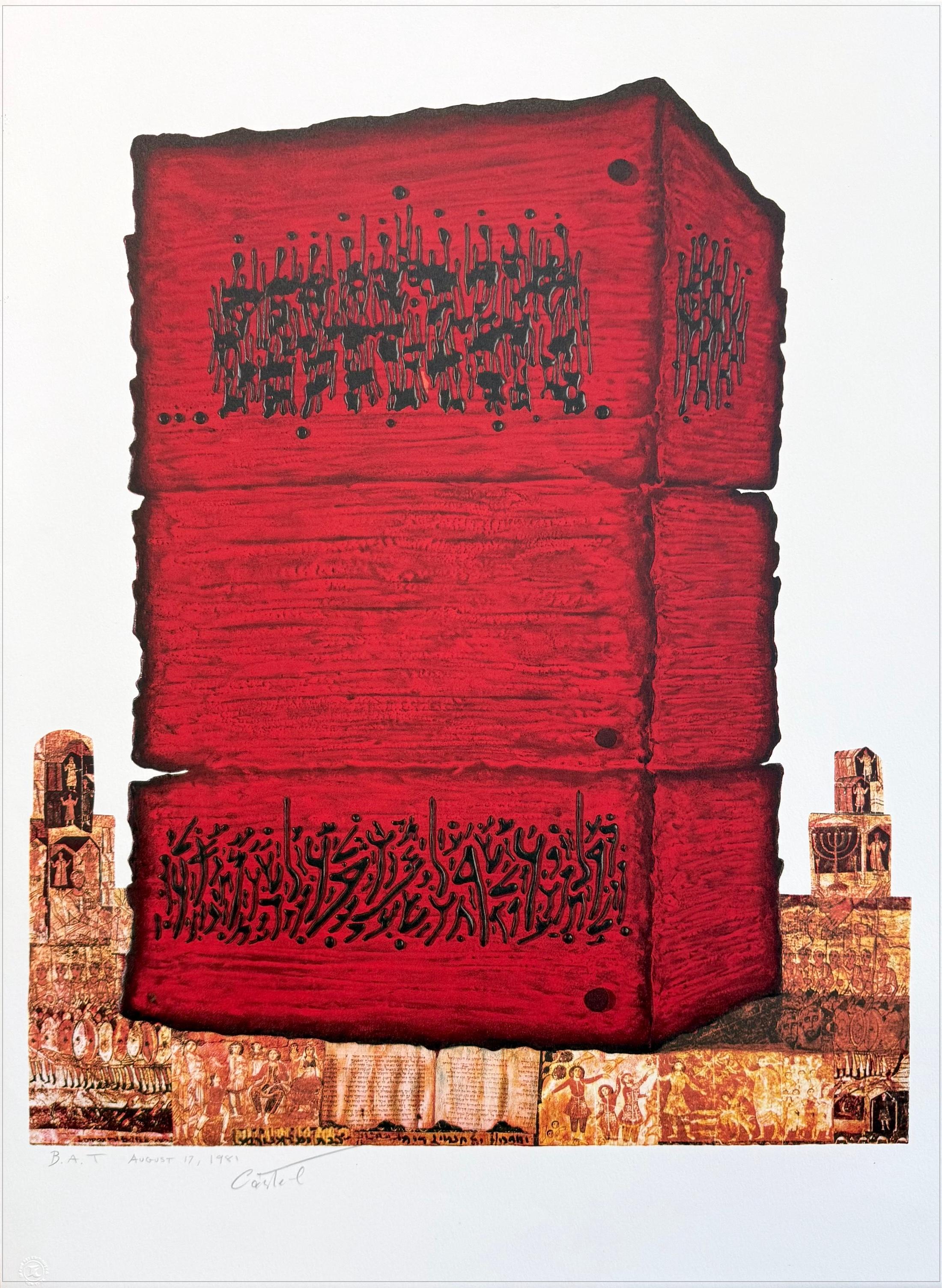 STONE OF THE TEMPLE Signierte Lithographie, antike jüdische Geschichte, Rot, Gold, Schwarz
