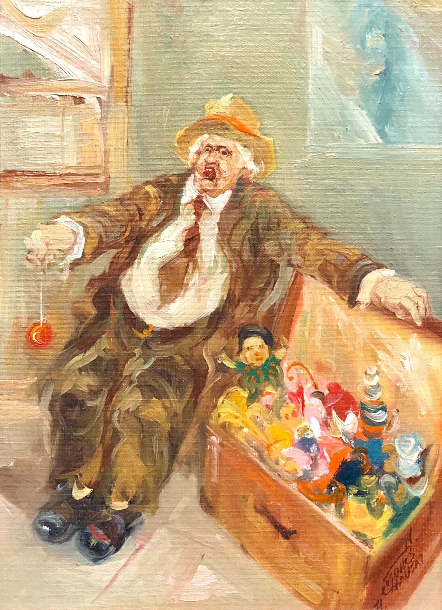 Moshe Chauski Figurative Painting – Israelische Ölmalerei – Modernismus, Impressionismus, „Candy Man“, Spielzeugkiste