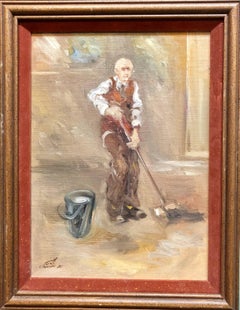 Israeli Oil Painting Modernist Impressionist Janitor Mopping Floor