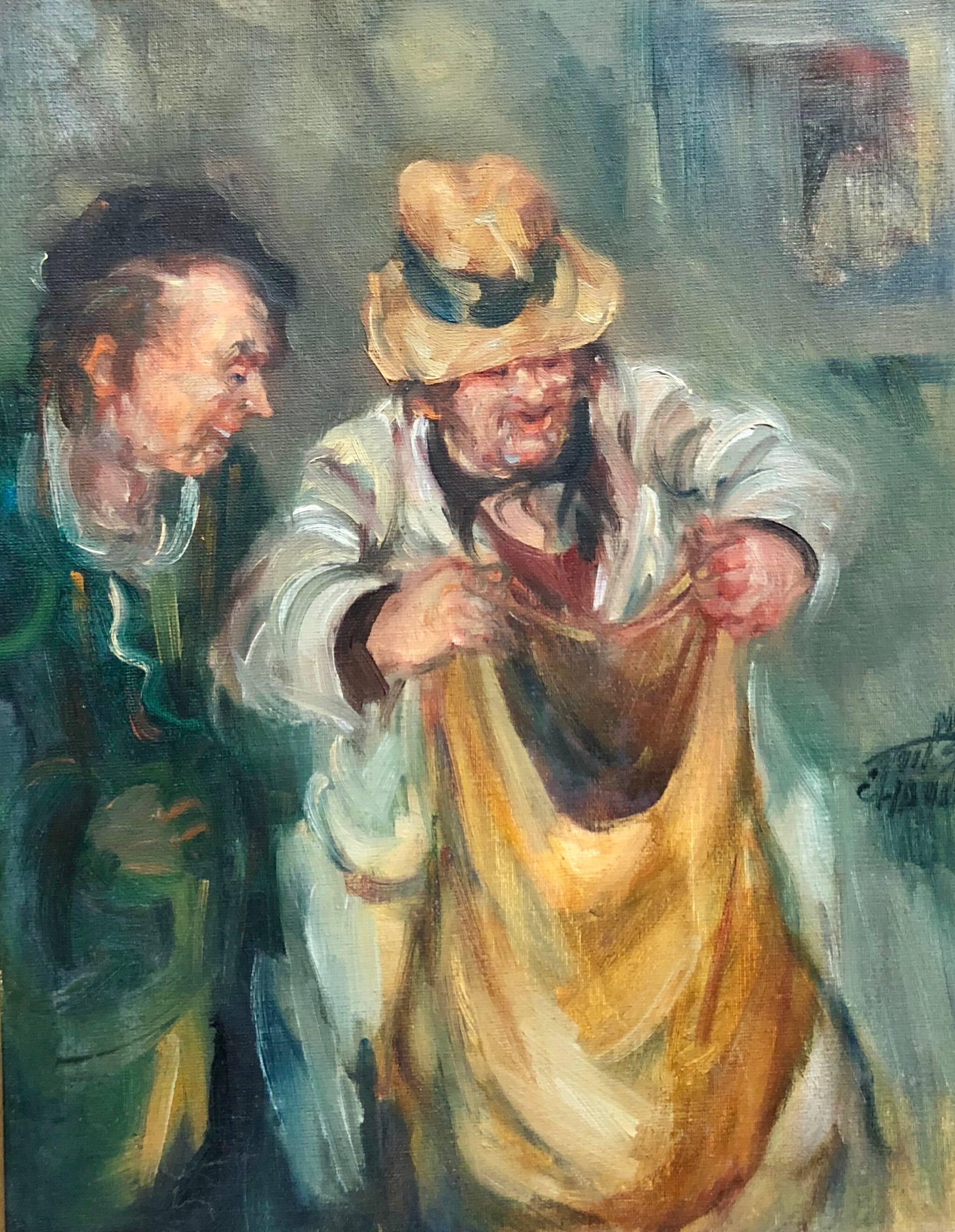 Moshe Chauski Figurative Painting - Israeli Oil Painting Modernist Impressionist Painting Farmer with Sack