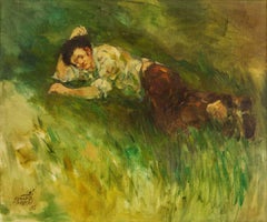 Giovane uomo che sonnecchia su una collina erbosa Pittura ad olio israeliana